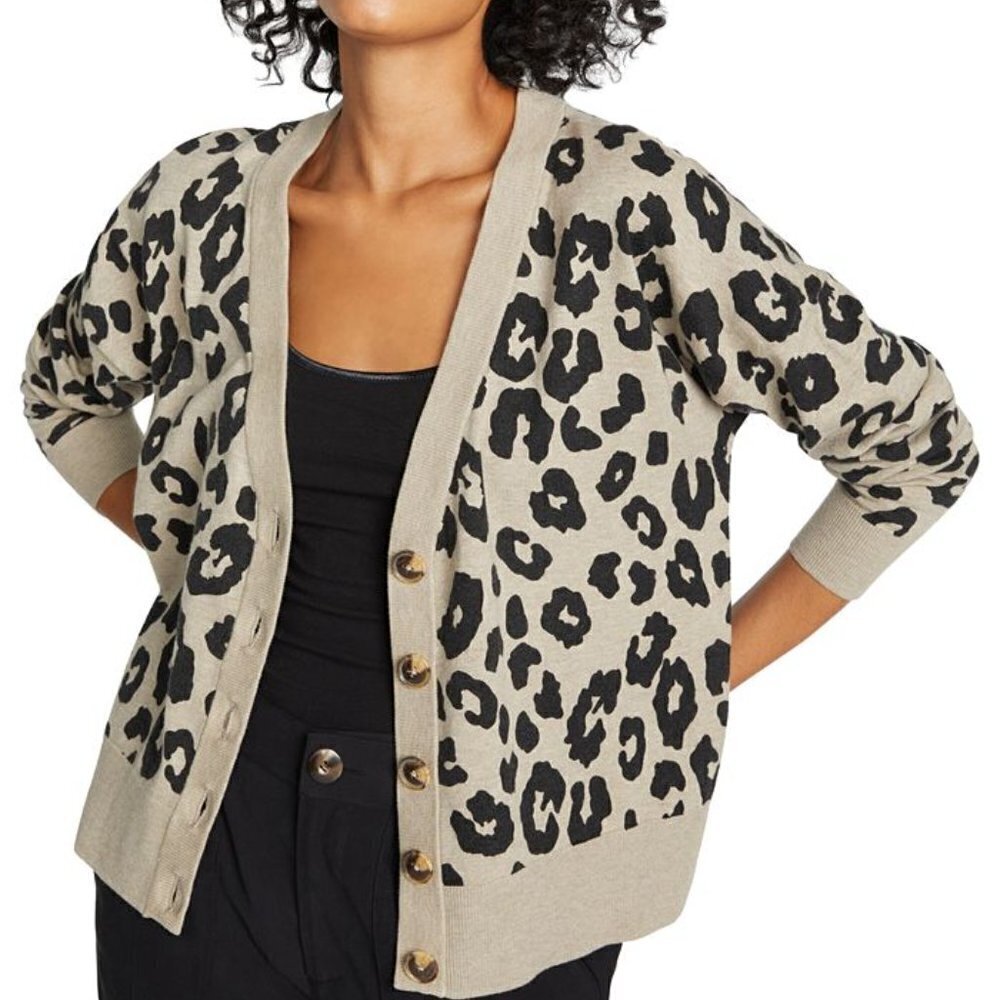 Sanctuary Cardigan Button Sweater Tan Black Cheetah Animal Leopard Print Women S - Picture 2 of 8